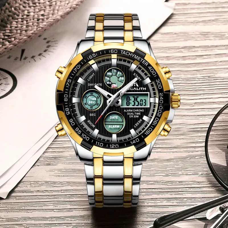 MEGALITH Digital Sports Watch Men Luxury Gold Quartz Male Clock Waterproof Chronograph Military Sport Led Wrist Mens | Наручные часы
