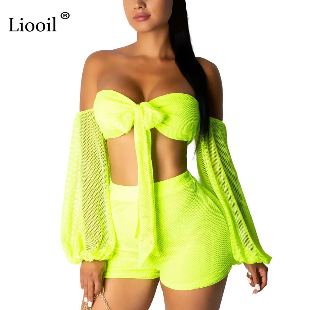 Neon Green Liooil костюм в сеточку с открытыми плечами комбинезон для женщин без бретелек клубный комбинезон праздничный наряд неоновый комбинезон женский комбинезон шорты - Цвет: Neon Green