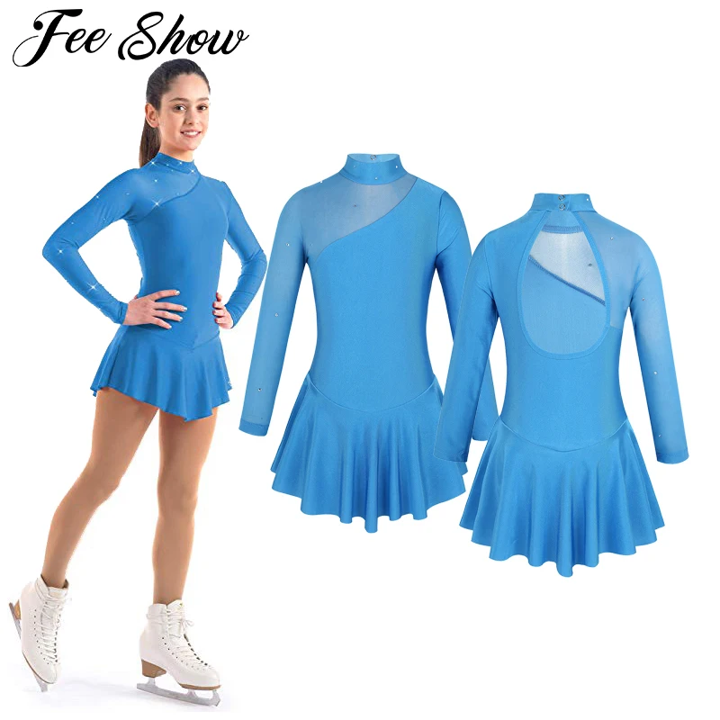 Kids Girls Tulle Splice Cutouts Back Figure Ice Skating Dress Ballet Dance Dress for Stage Performance Competition Costumes