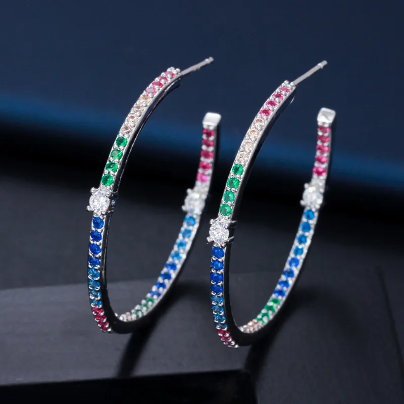 Silver Colorful BeaQueen потрясающая леди мульти цвет кубический циркониевый Стерлинговое Серебро 925 ювелирные изделия Радужный цвет яркие большие круглые серьги-кольца E289 - Окраска металла: Silver Colorful