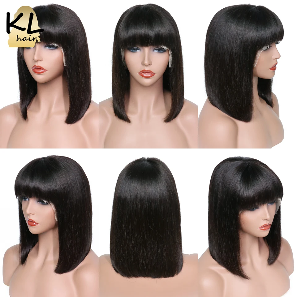 KL Hair, 13*4, парики из натуральных волос на кружеве с челкой, бразильские волосы remy, прямые короткие волосы, парик без клея, 130%, Омбре, цветные парики