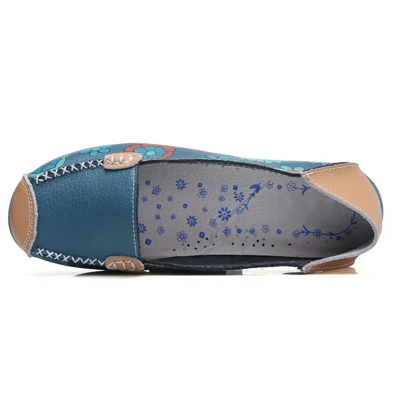 Women Flat Shoes Fashion Ballet Summer Flower Print Women Shoes Genuine Leather Loafers Ladies Shoes Woman Soft Footwear 42