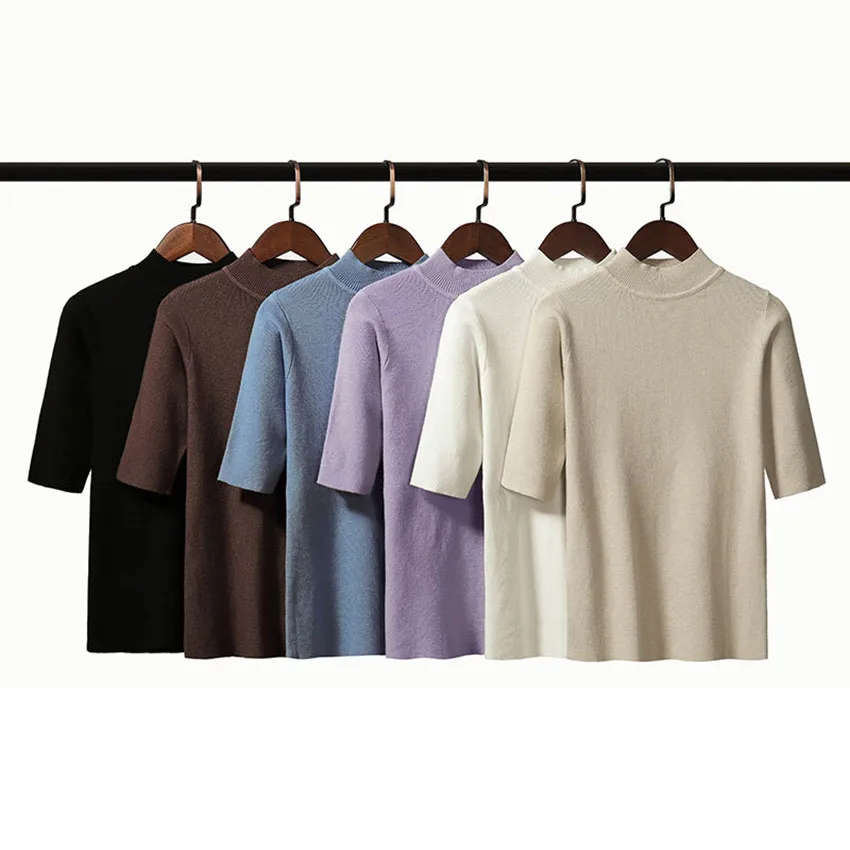 

2022 Spring Summer Knitted Top Tees Women High Neck Short Sleeve Fitness Slim Tee Shirt Femme Ladies Pullover Tshirt Knitwear
