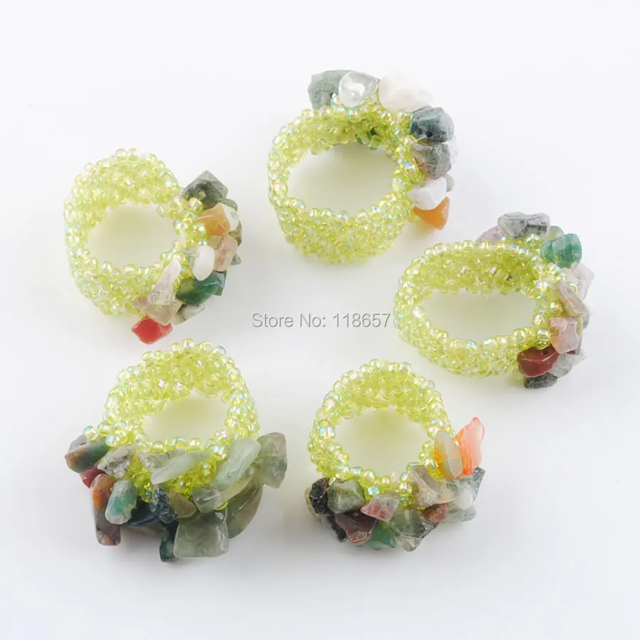 Free shipping Natural Indian Gem Stone Beads Stretch Finger Ring Jewelry US 6~10 IJ3030 | Украшения и аксессуары
