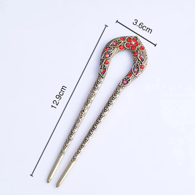 

ZN Retro Hair Jewelry Antique Bronze Plated Hairpins U shape Hair Sticks Women Rhinestone Flower Hair Accessories