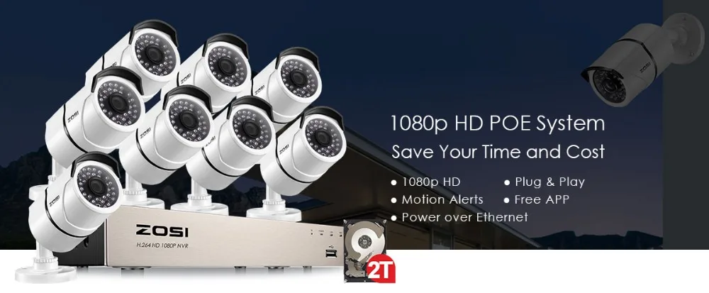 ZOSI POE IP видео Камера 8-канальный CCTV Системы 1080P Bullet Камера 2MP наблюдения комплект приборов безопасности DVR ночного видения для жесткого диска