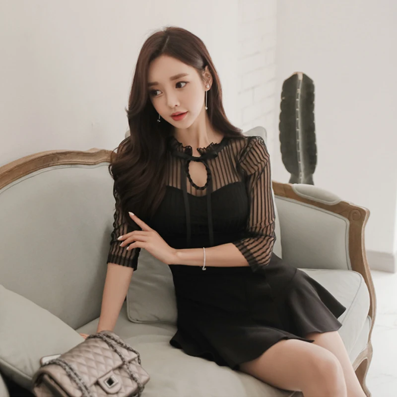 Striped Transparent Mesh Patchwork Summer Dress A-line Irregular Tie Up Women Sexy Black Party vestidos 2018 | Женская одежда