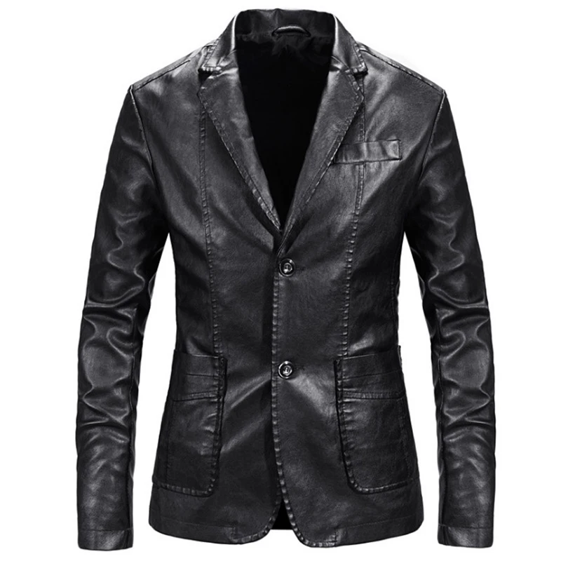 Для мужчин Блейзер и куртки Slim Fit кожаная куртка Модные Черные