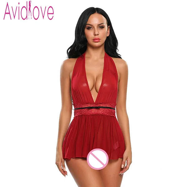 Avidlove, женское сексуальное белье, однотонное, с глубоким v-образным вырезом, эротическое белье, ночное белье, неглиже, горячая эротическая сексуальная одежда, костюмы, ночная рубашка - Цвет: Red