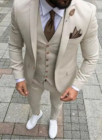 Мужские костюмы со штанами 2018 Terno Masculino приталенный смокинг бежевый 3 предмета