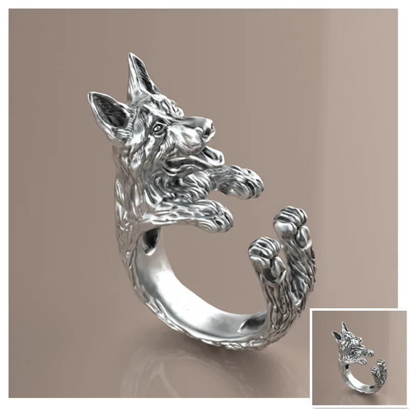 

Drop shipping Rings Anel Vintage Retro German Shepherd Ring Free Size Hippie Animal Dog Summer Jewelry For Pet