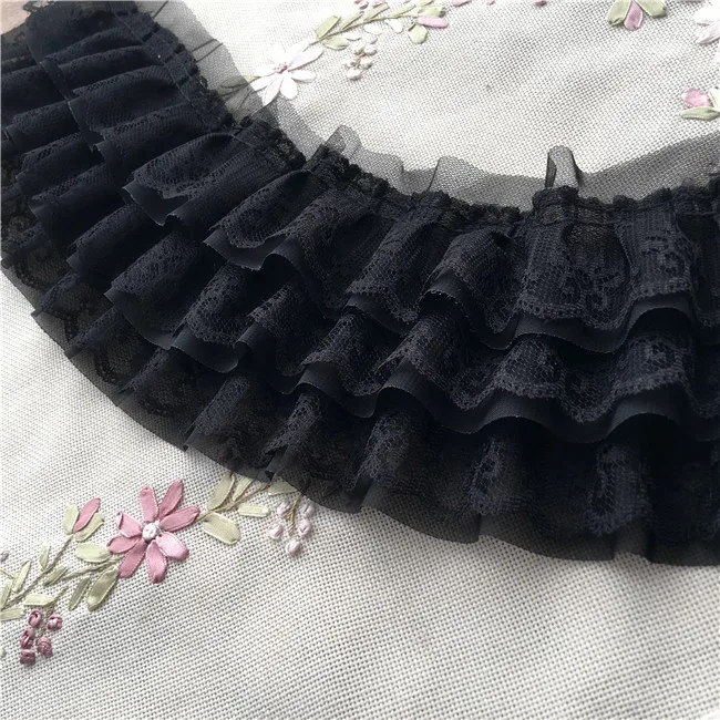 5 ярдов DIY черно-белая трехслойная шифоновая плиссированная кружевная отделка