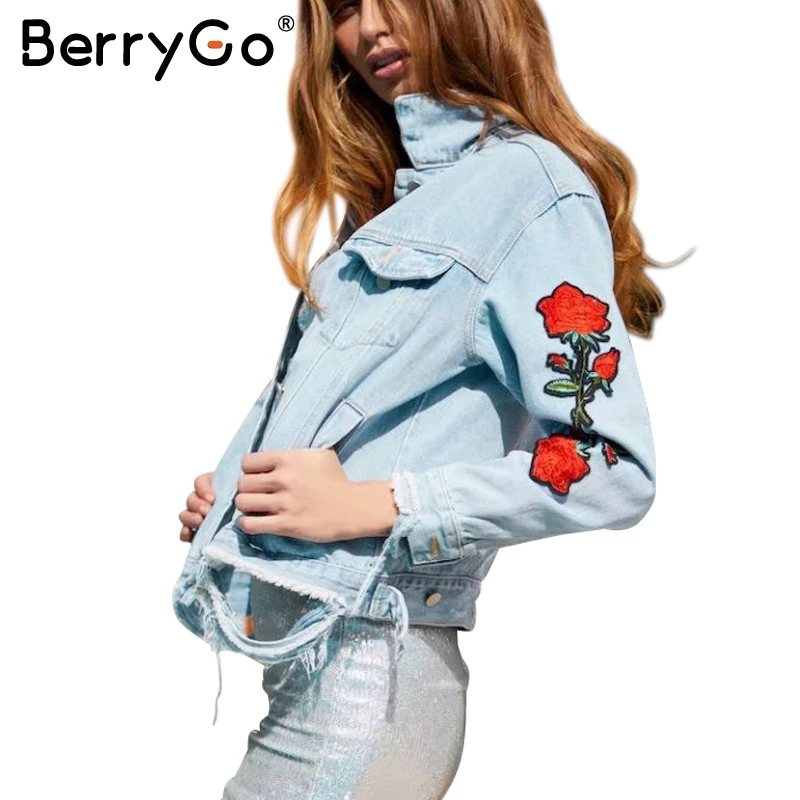 Berrygo Вышивка цветок бахромой джинсовая куртка женская Повседневное цветочный