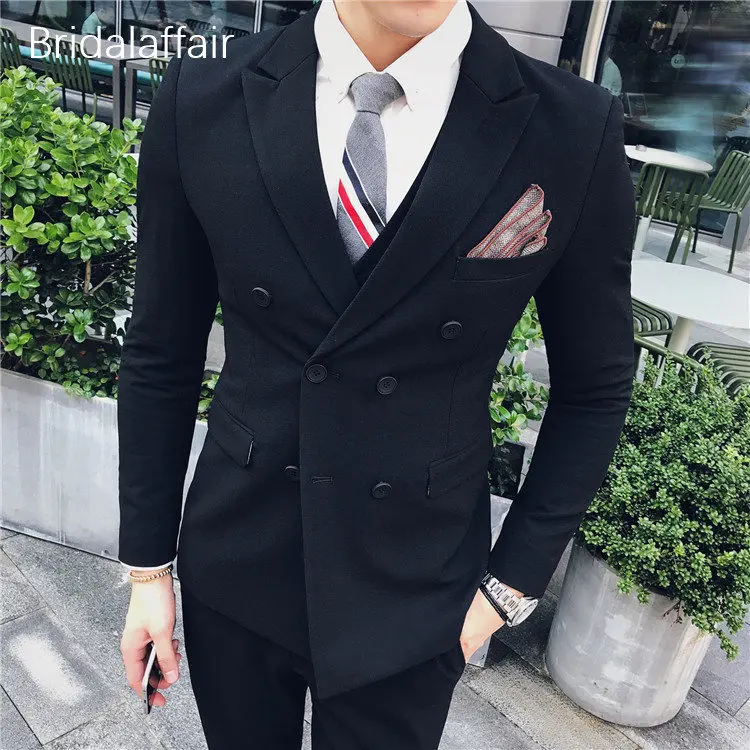 Wonderful Fashion Men Suit Slim Fit 3Pcs Black Tuxedo Groom Wedding Prom Suits Formal Blazer Terno Masculino (Jacket+Pants+Vest) | Мужская