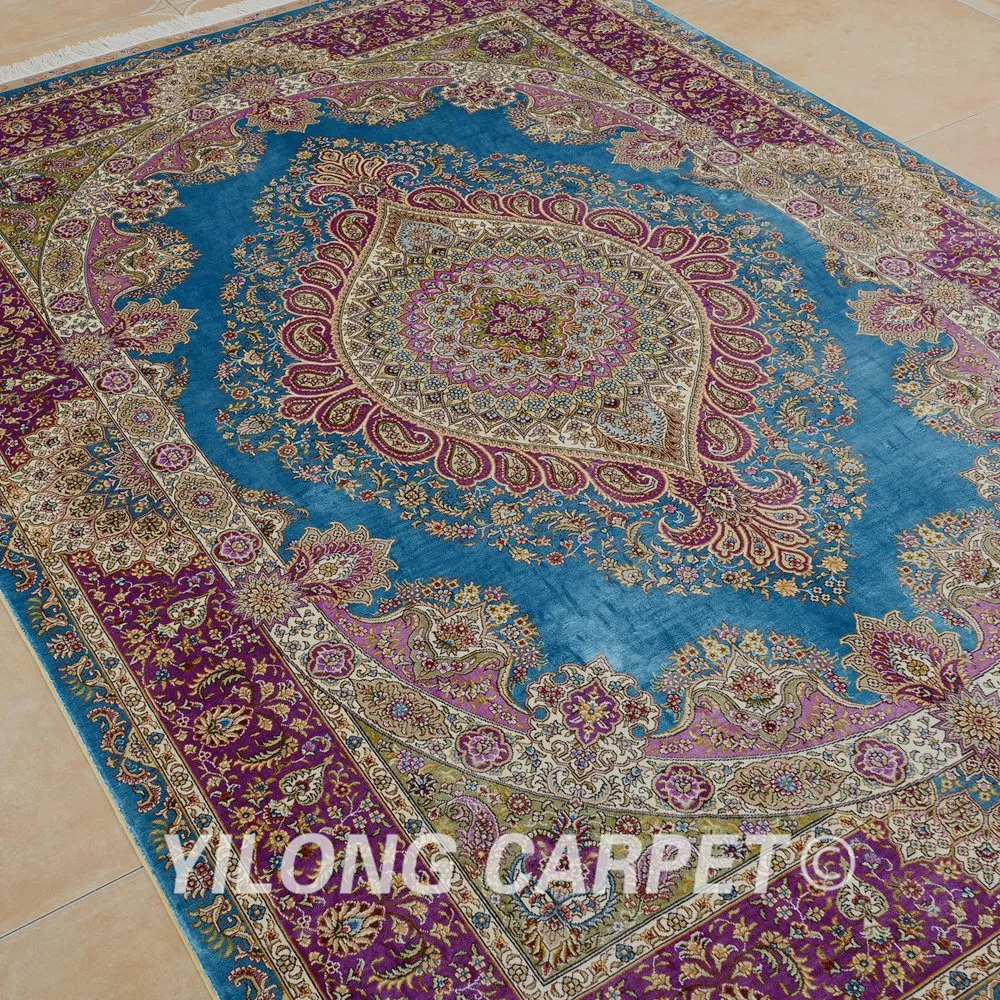 Yilong 5 &quotx 7 5&quot Тебриз ковер из шелка синий медальон ручной работы изысканный