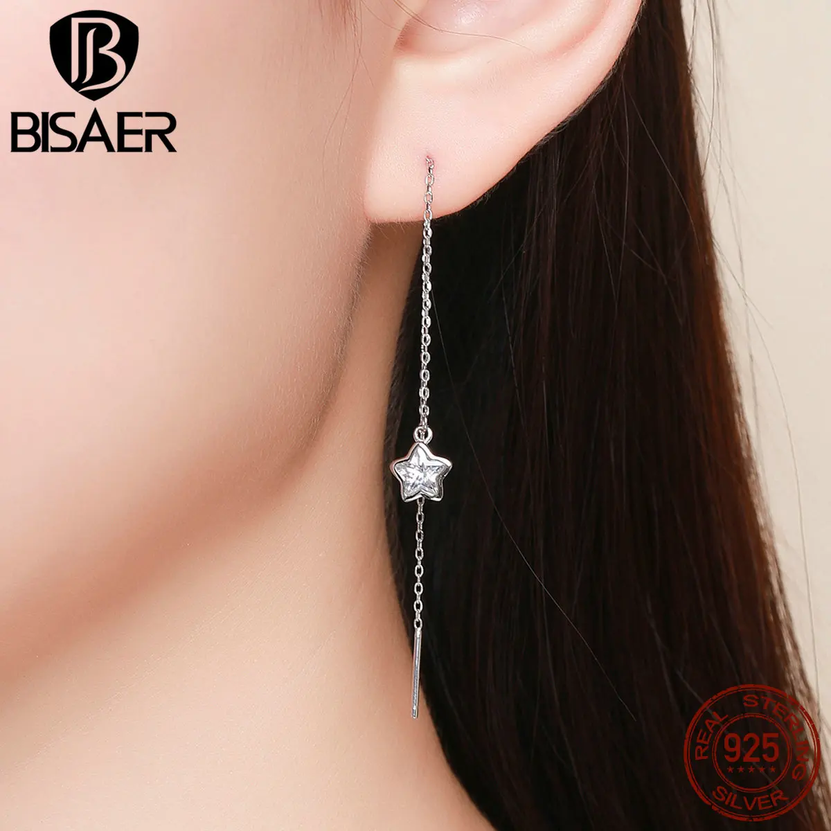 BISAER, серьги-капли из настоящего 925 пробы, серебряная звезда, для женщин, длинная цепочка, серьги в виде звезды, висячие серьги из стерлингового серебра, ювелирные изделия ECE470