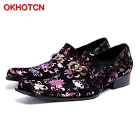 okhotcn flower printing genuine leather man shoes square toe man dressweddingparty shoes classic male formal oxfords shoes