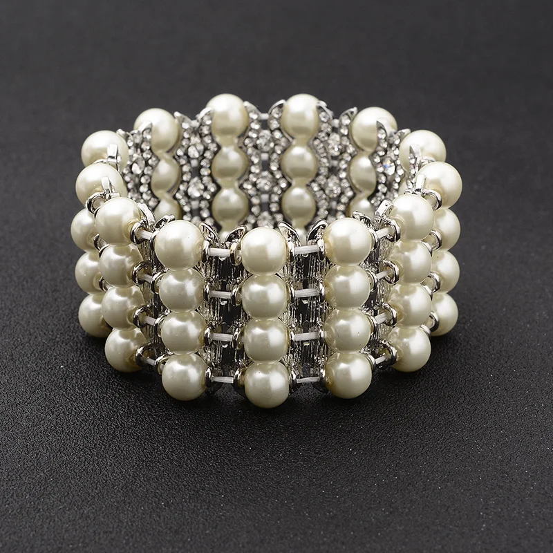 

SLBRIDAL Gorgeous Vintage Silver Color Crystal Wedding Bracelet Rhinestones Pearls Bridal Stretch Bracelet Bridesmaids Bracelet