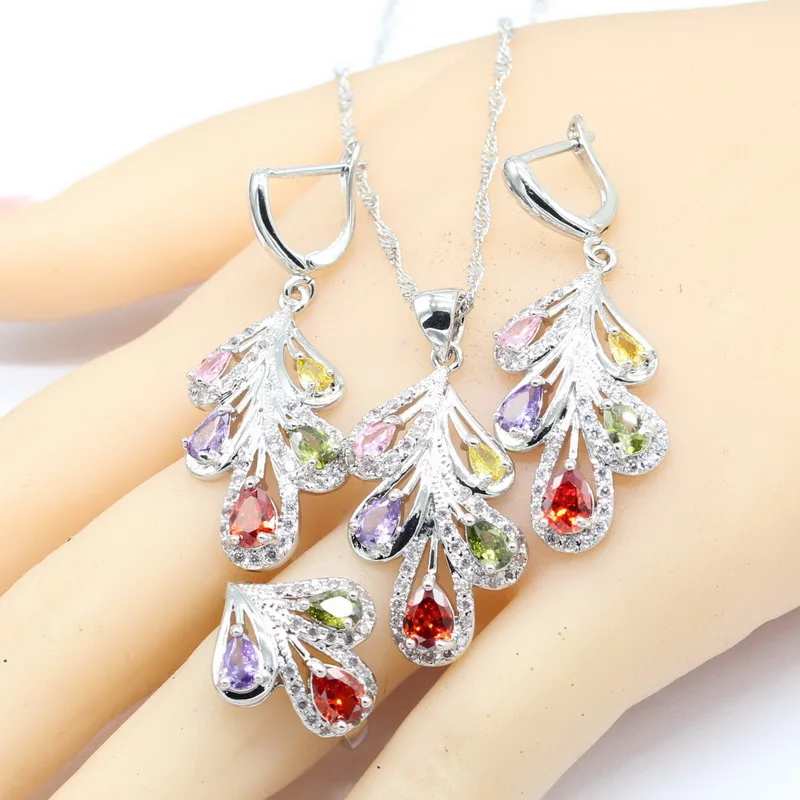 Многоцветные фианиты 925 серебряные Свадебные Ювелирные наборы для женщин браслет серьги ожерелье кулон кольца Новинка