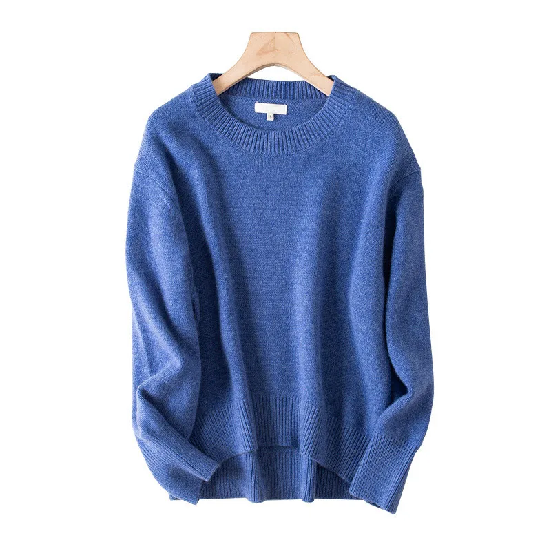 

Женский трикотажный пуловер из козьего кашемира, асимметричный Длинный свободный синий пуловер с круглым вырезом, Размеры S/M/L