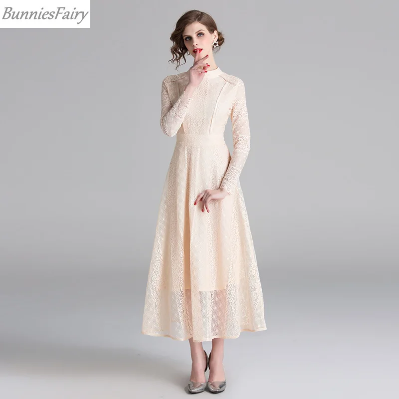 BunniesFairy весеннее женское элегантное бежевое длинное кружевное платье со стоячим воротником с длинным рукавом размера плюс праздничные вечерние платья