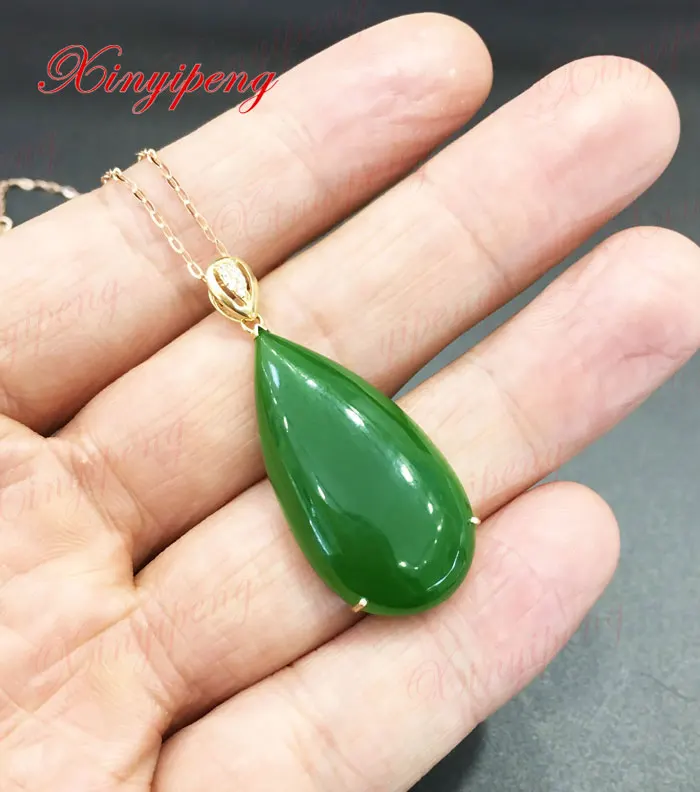 18 k yellow gold with 100% natural jade pendant Spinach is green Simple and easy Fine jewelry | Украшения и аксессуары