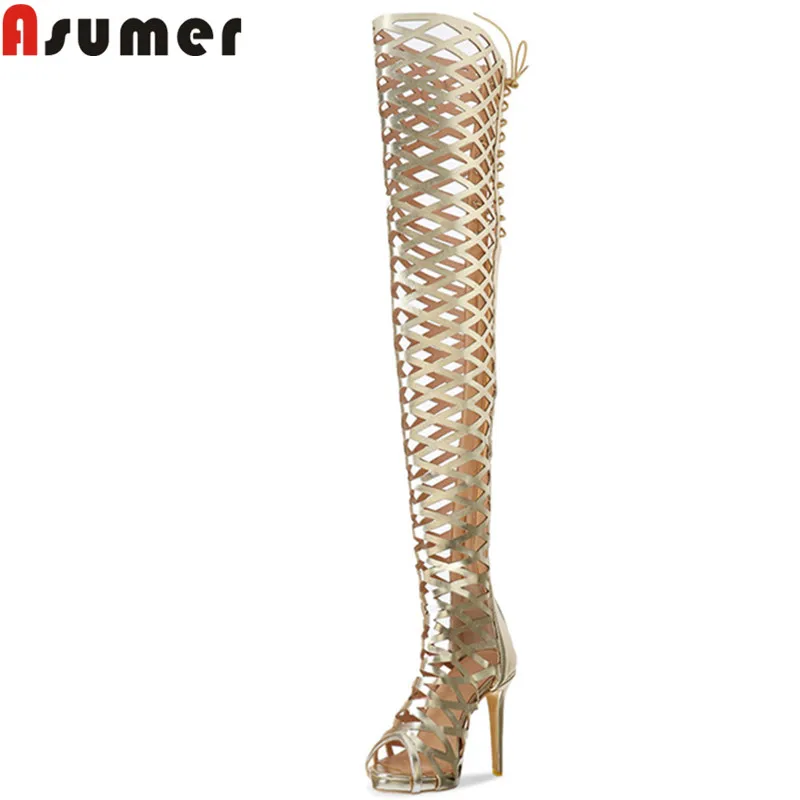 

ASUMER 2021 hot sale new summer shoes woman peep toe zip cross tied high heels prom shoes Hollow out over the knee boots