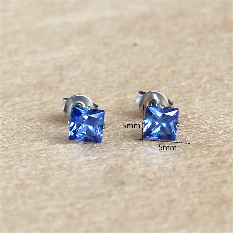 Titanium Stud Earrings With 5mm AAA Tanzania Blue Square Zircons 316 L Stainless Steel No Fade No Allergy