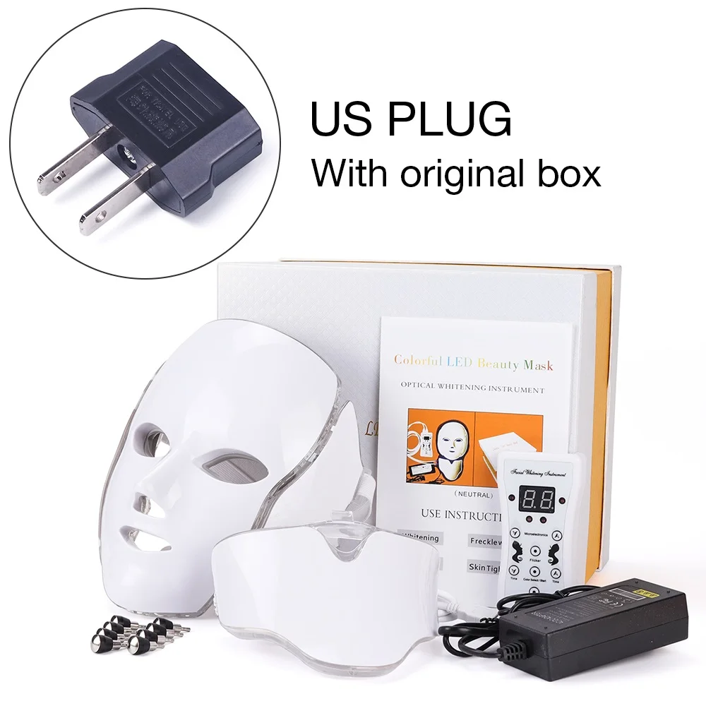 Светодиодный маска для лица 7 цветов светодиодный маска для шеи с EMS микроэлектроники светодиодный Фотон Маска для удаления морщин и акне омоложение кожи - Цвет: US Plug with box