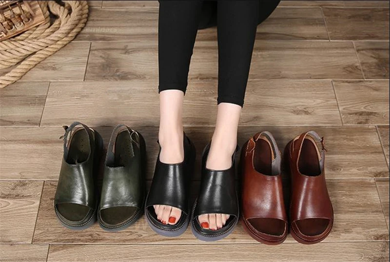 Sandals female summer new thick bottom Handmade genuine leather women sandals flat bottom casual shoes platform sandals