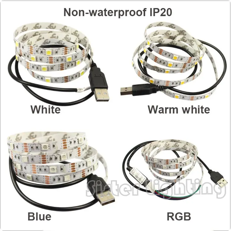 USB 5V SMD5050 Светодиодная лента 60 светодиодов/метр 0 5 м 1 2 IP20 с метром кабель ТВ фон