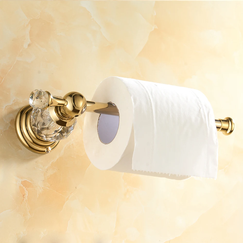 Gold Polished Toilet Paper Holder Solid Brass Bathroom Roll Paper Accessory Wall Mount Crystal Toilet Tissue Paper Holder