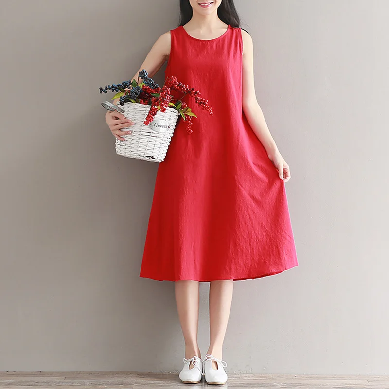 Plain Causal Dresses Womenu2019s Loose Short Midi Dress Lady Cotton Linen Sundress | Женская одежда