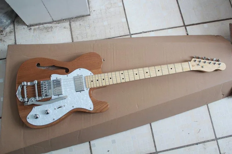 Бесплатная доставка F Telecaster Полу полый корпус Natural Цвет Джаз Электрогитары с Bigsby