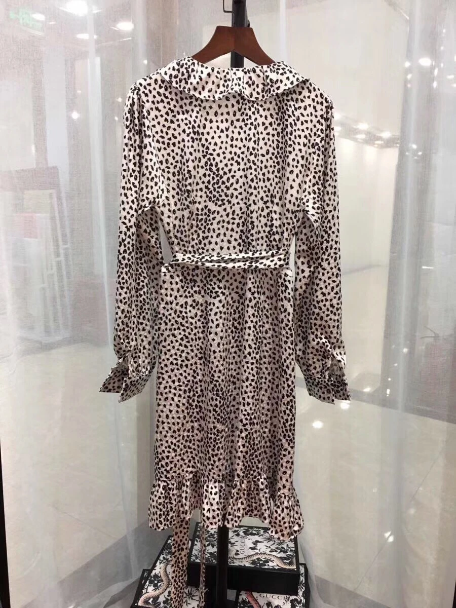 autumn and winter new lantern sleeves V-neck Animal print tie printed lace ruffles women's dress