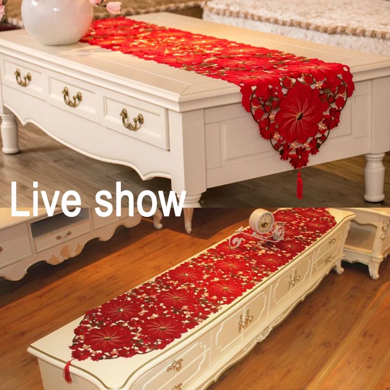 Вышитая красная настольная дорожка Цветочная Роскошная Свадебная скатерть