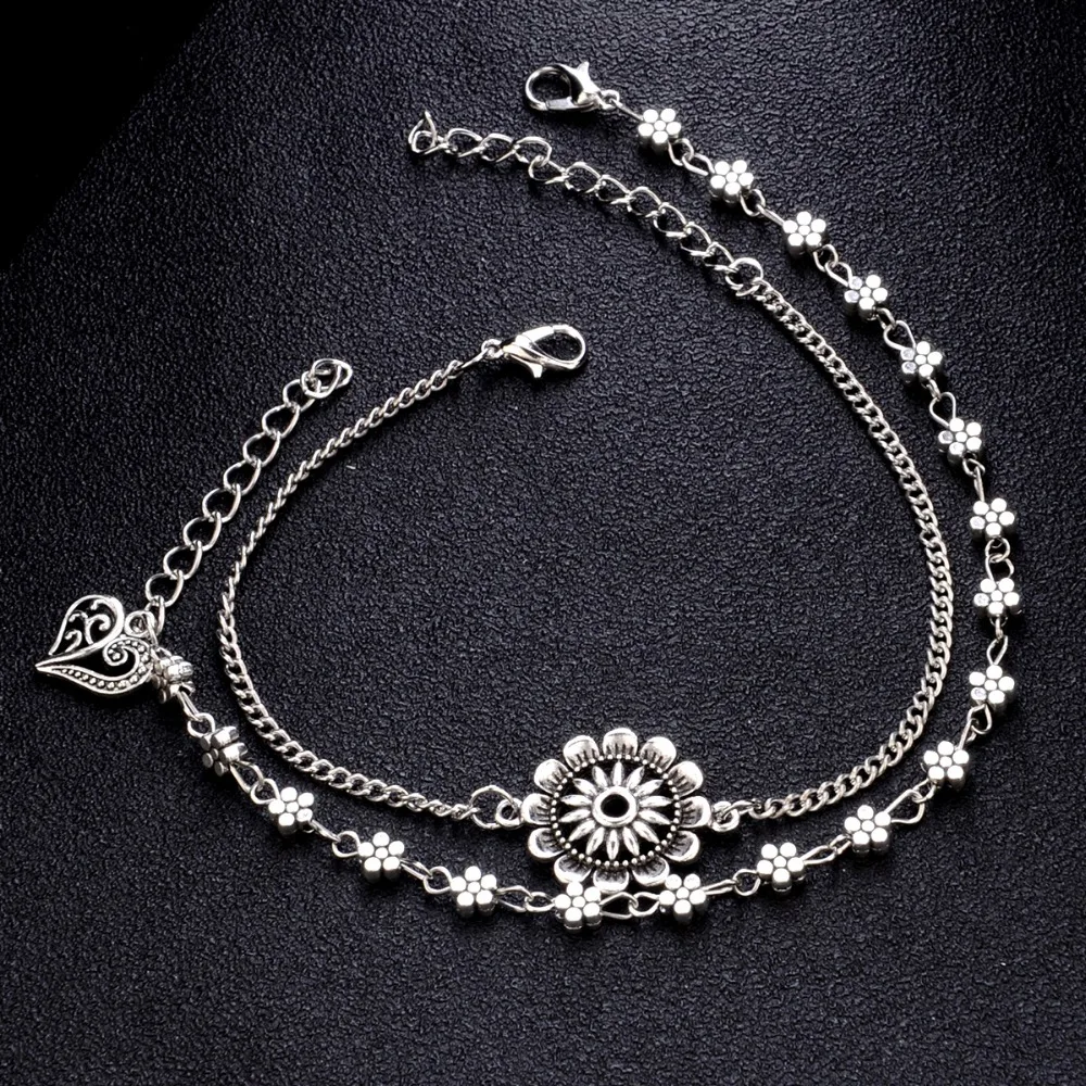 Женский браслет на щиколотке с резным сердцем и цветком Tobillera boho, винтажная Серебряная цепочка на ногу, ювелирные изделия, женские браслеты