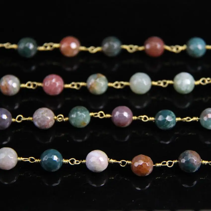 

Natural Indian Agate 8mm Faceted Round beads Rosary Chain,Agate Stone Brass Wire Wrapped Chain Necklace bracelet Jewelry Finding