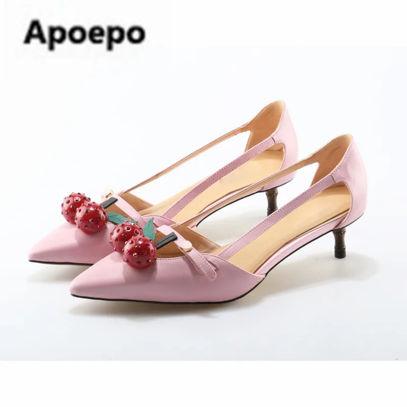 

sales Brand Designer Bamboo high heels pumps Shoes Patent leather Cherry Pointed Toe Shoes Woman Pink Party Ladies Bride Shoes