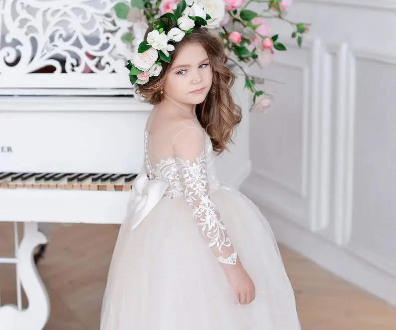 Ivory lace long sleeves sheer flower girl dress tulle Toddler illusion Bridesmaid dresses Baby special occasion gown for wedding |