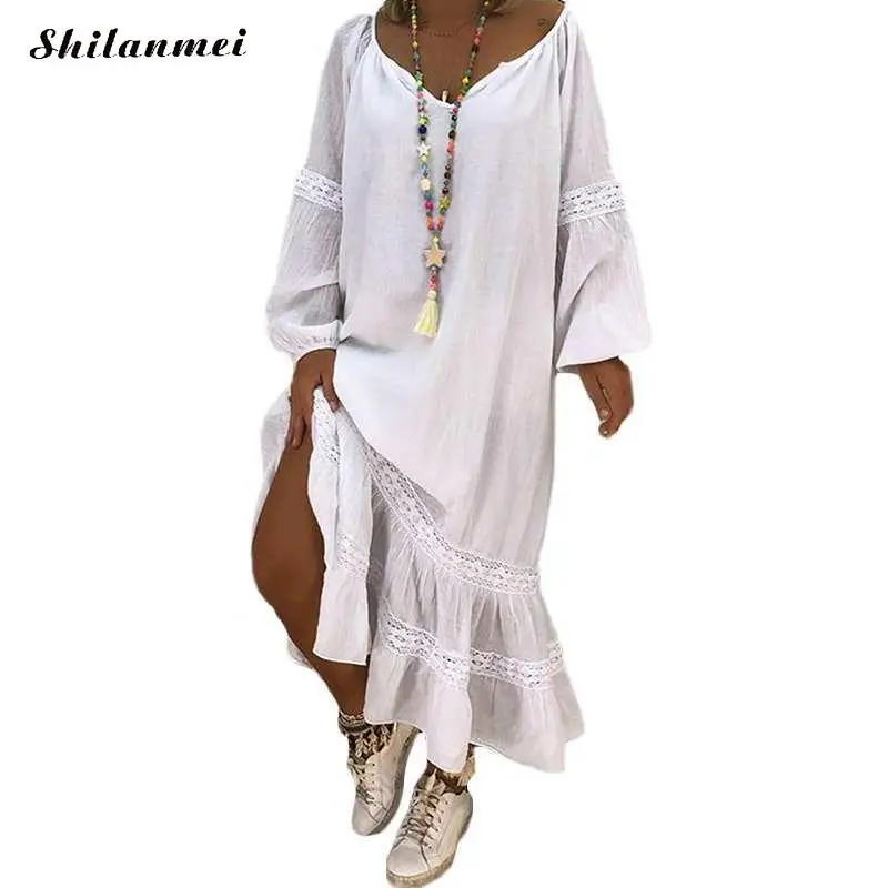 Женское винтажное платье макси свободное пляжное с v-образным вырезом и длинным