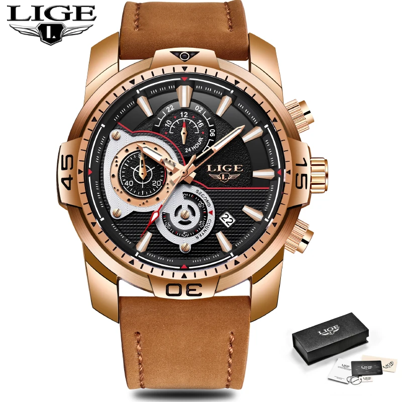 

LIGE Fashion Men Watches Top Luxury Brand Sport Waterproof Quartz Watch Men Casual Leather Date Military Watch Relogio Masculino