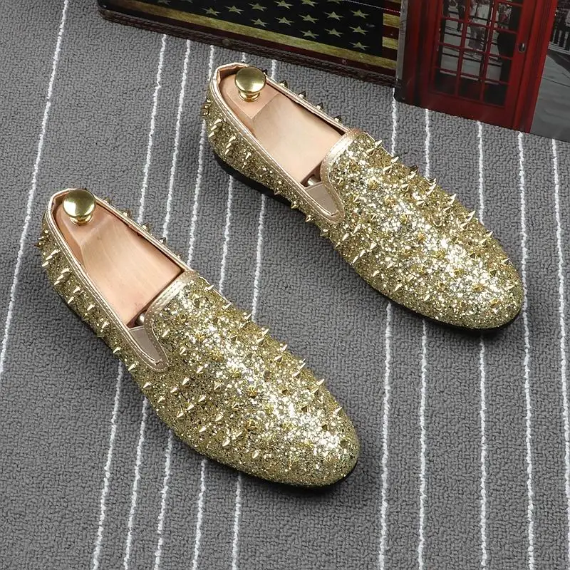 Fashion Tide Of Men Red Loafer Shoes Rivets Glitter Casual Comfort Slip On Flats Round Toe Trending Size 38-44 Green | Обувь