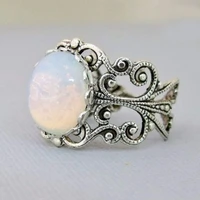 retro hollow white rings opal stone adjustable opening silver plated rings for men women