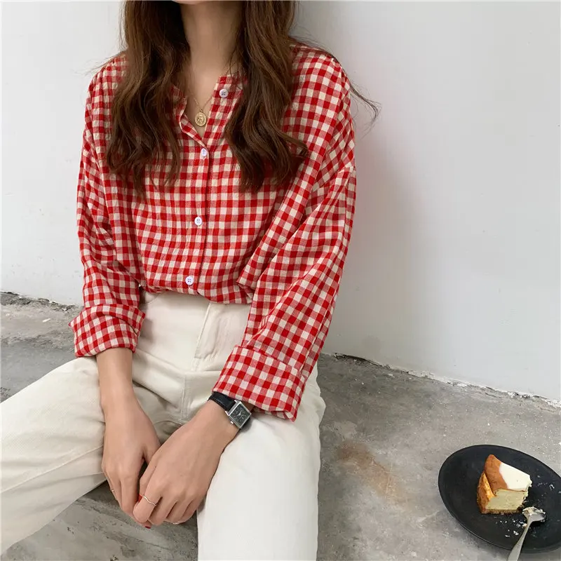 Женская Повседневная рубашка в клетку Alien Kitty элегантная винтажная свободная