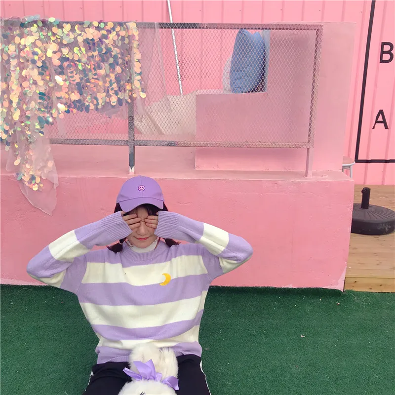 Harajuku модные женские туфли свитер сладкий Карамельный цвет полосатый вязаный свитер Симпатичные Луна вышивка хлопок Для женщин пуловер свитер