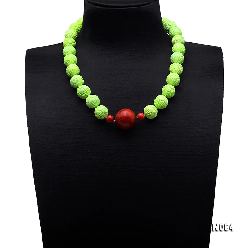 JYX Bohimia style Turquoise Necklace 16-16.5mm Green Round Beads dotted Red 9-25mm Coral Pendant 21&quot beautiful figure | Украшения и