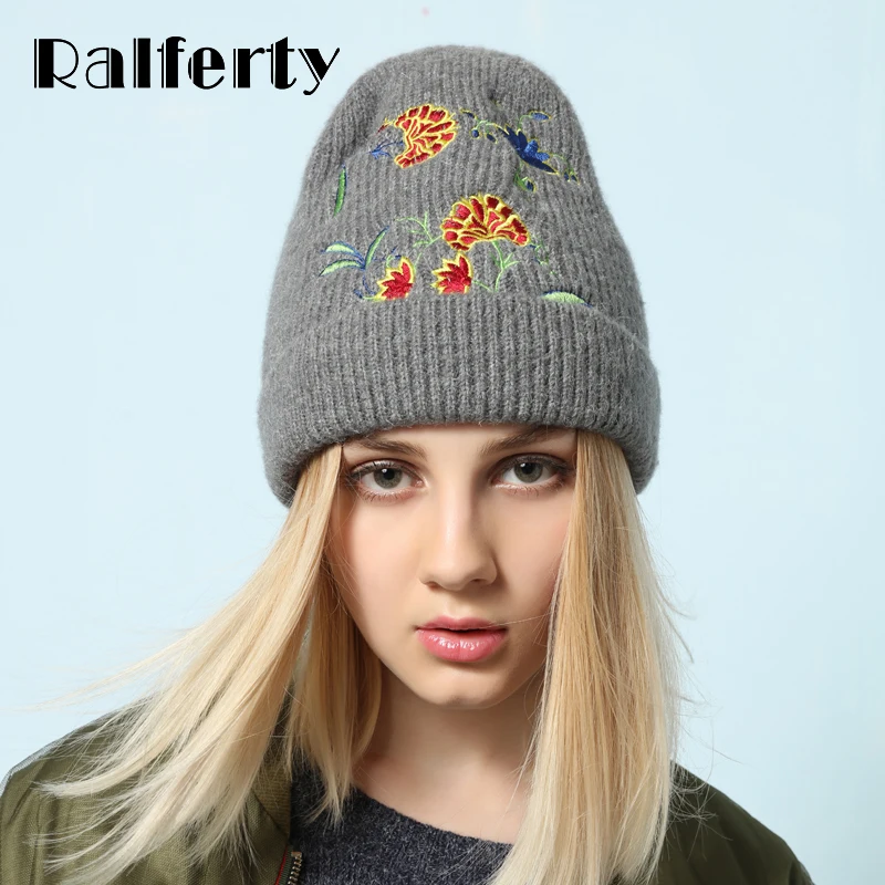 Ralferty, стильная женская зимняя шапка, шапка вязаная, головные уборы для женщин, Повседневная Вышивка Skullies Beanies, женский цветочный чепчик Bonet