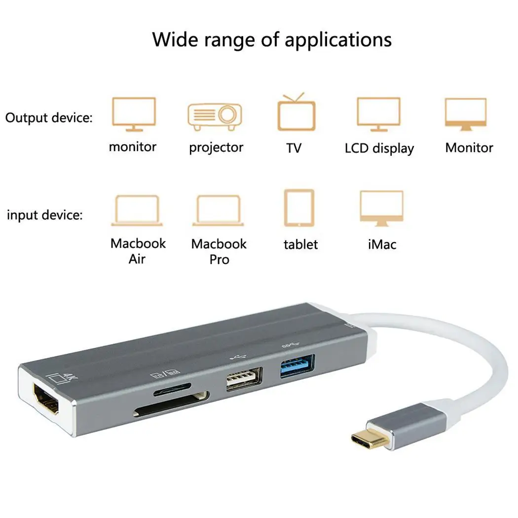 Type-C Hub Six-in-one Type C to HDMI USB with TF/SD Card Reader Support PD Charging | Электроника