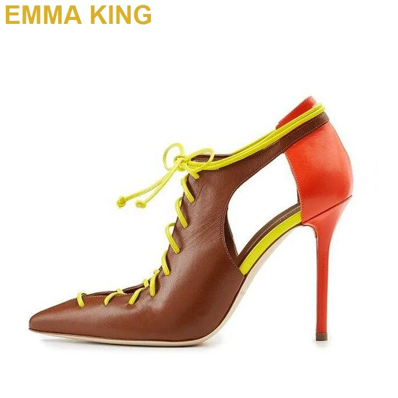 Murah Hollow Out Musim Panas Wanita Pompa Lace Up Kulit PU Hak Tinggi Ujung Runcing Wanita Kantor Hak Stiletto Sandal Sepatu Wanita 2019 Baru